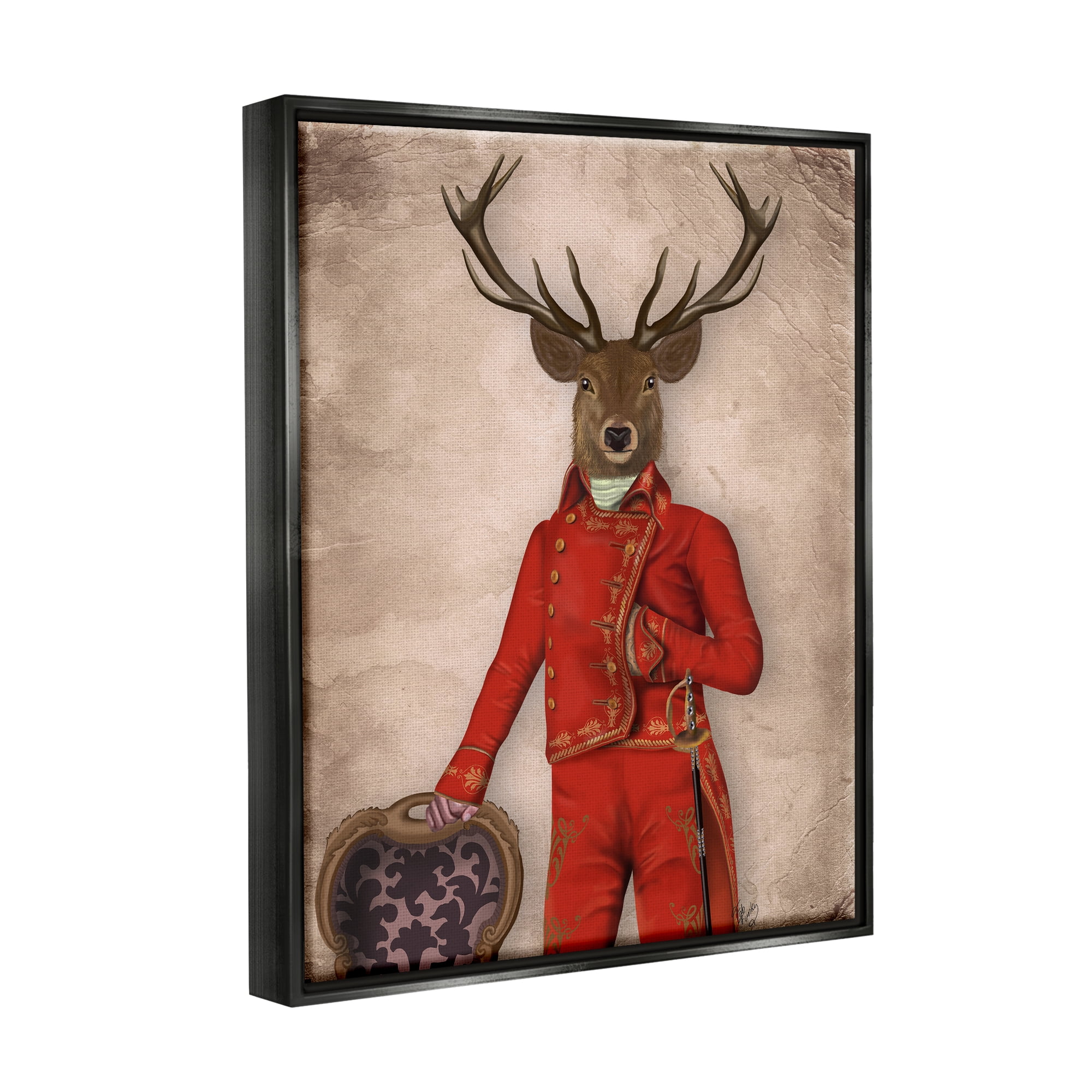 Stupell Industries Fancy Elk in Red Suit Animals & Insects Painting Black Floater Framed Canvas Art Print Wall Art, 17 x 21