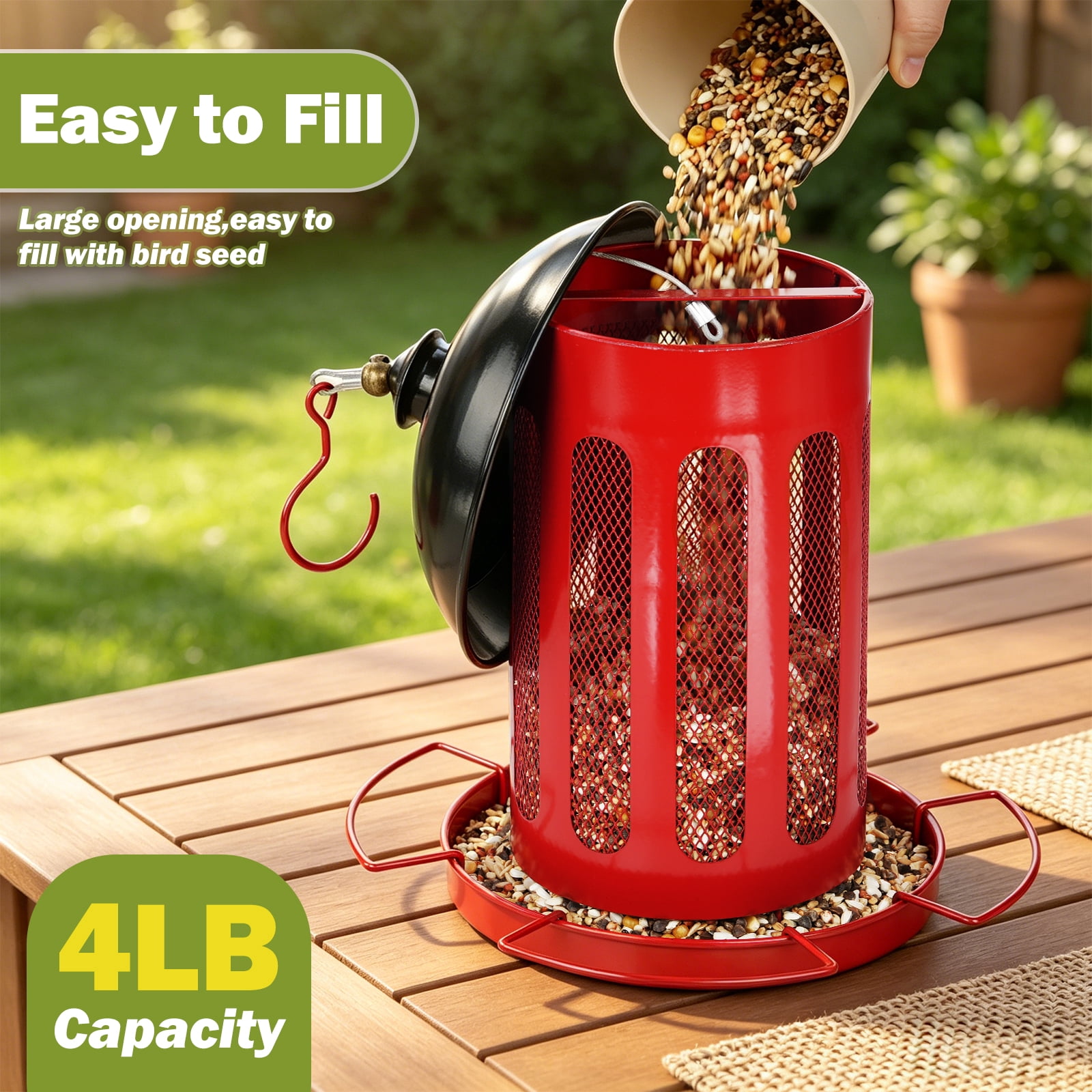 Samhe Wild Bird Feeder, 4 lbs Large Capacity Bird Feeders for Outdoor Hanging, Heavy Duty Metal Birdfeeder, Red