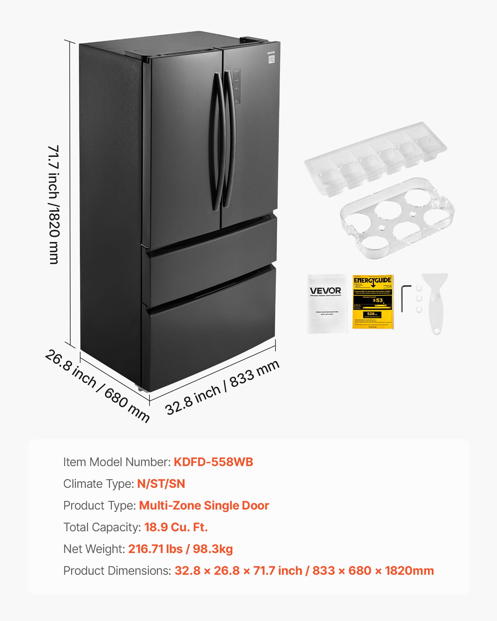 VEVOR French Door Refrigerator, 18.9 Cu. Ft. Kitchen Fridge,Counter Depth French Refrigerator with LED Display and 4 Casters,Frost-Free Bottom Freezer Refrigerators for Home & Commercial Use,Black