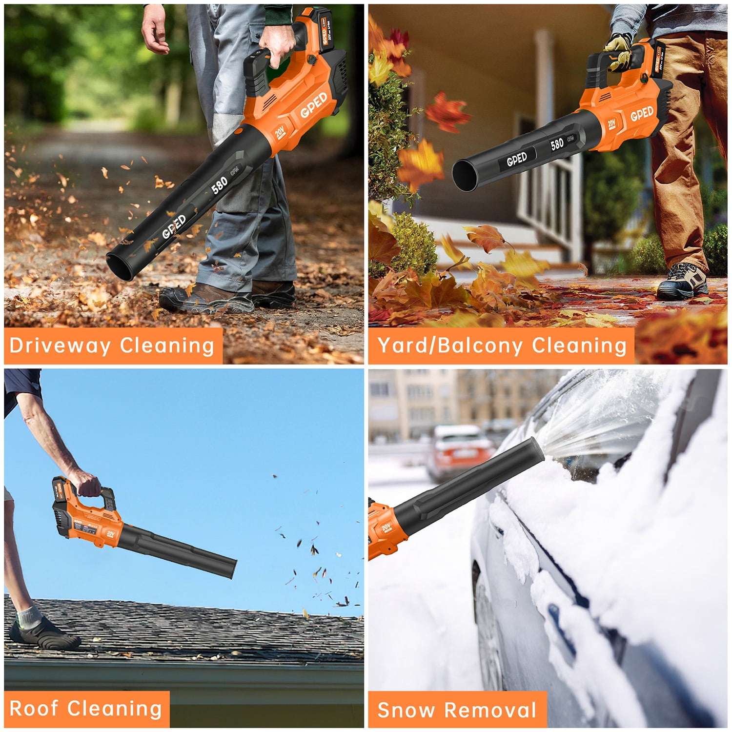 Leaf Blower, 3 Speed Adjustment Electric Cordless Leaf Blower with 2 x 4.0Ah Batteries, Charger, Shoulder Strap, 580CFM/160MPH, Ideal for Patio Cleaning, Lawn Care, Blowing Leaves, Orange