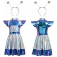 thumbnail image 2 of MKOSPLRT Girls Alien Space Man Dress Up Metallic Dress with Arm Sleeves Alien Hair Hoop Set Metallic Pink Dance Dress with Headwear Cheerleader Outfit, 2 of 6