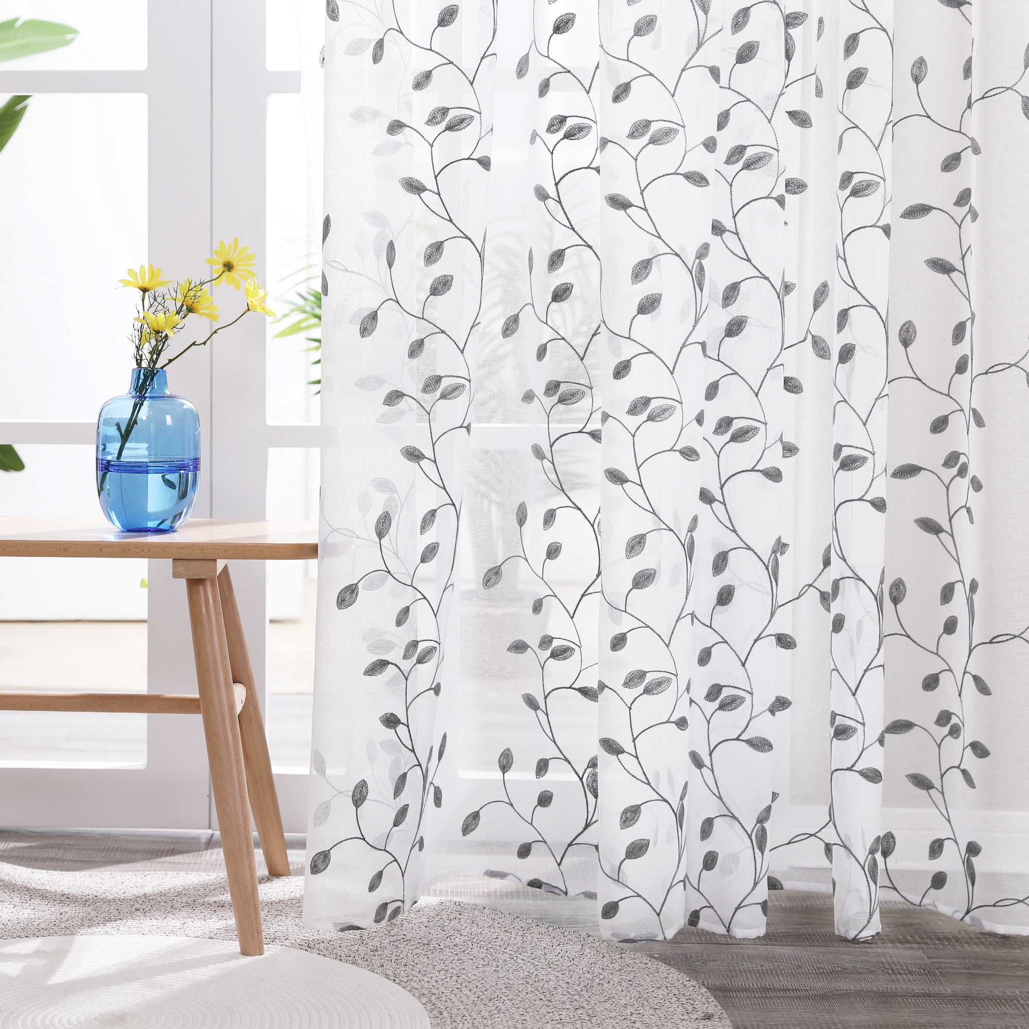Deconovo Embroidered White Sheer Curtains, 2 Panels Curtains with Leaves Pattern for Balcony - 2 Panels, Each 52x45 in, Gray