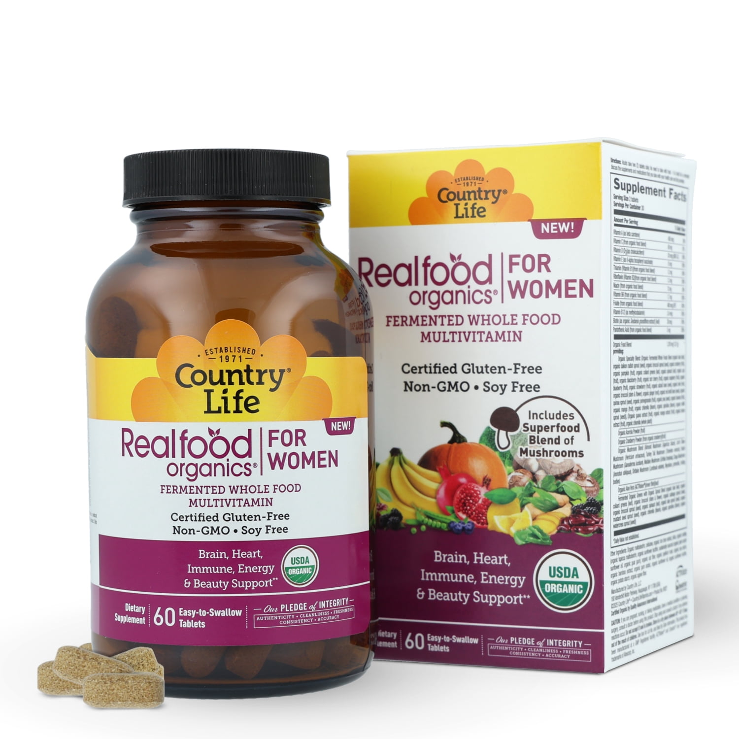 Country Life Realfood Organics Women’s Multivitamin – USDA Organic, Vegan, Gluten-Free – 1,300mg Fermented Whole Foods, Vitamins D, E, B, Folate & Biotin – Daily Energy & Beauty – 60 Tablets