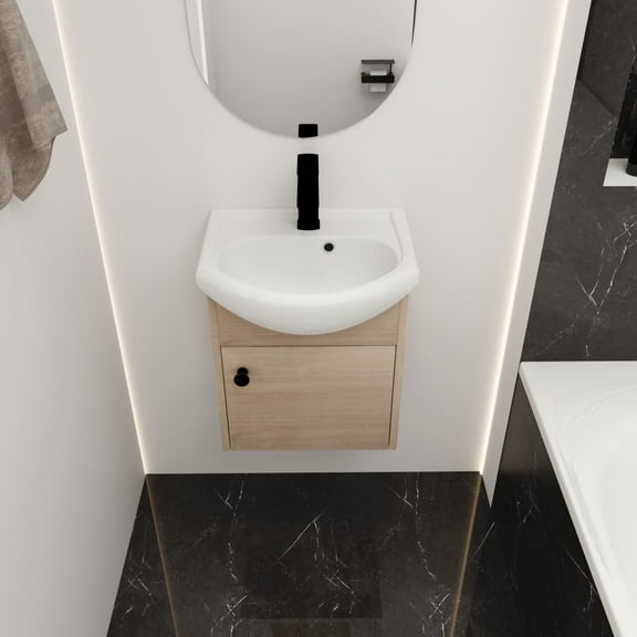 GZXS Bathroom Vanity with Sink 18 Inch,Floating Bathroom Vanity Single Sink,Wall Mounted Vanity with 1 Soft Close Doors.Small Bathroom Vanity,Bathroom Vanity and Sink Combo (Light Oak, 18*14*20 inch)