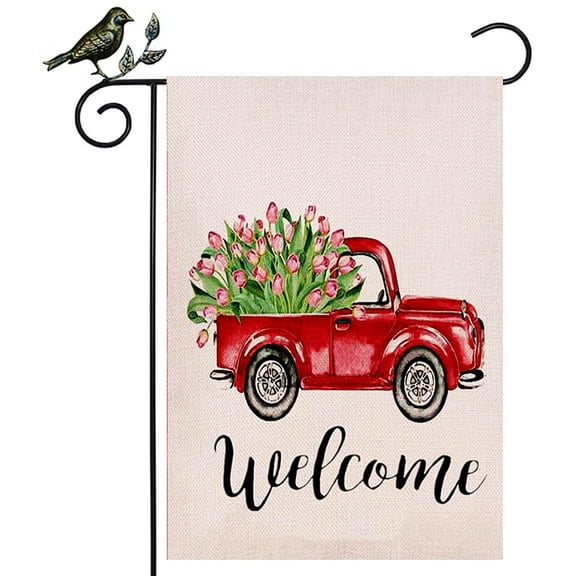 Valentine's Day Flag Garden Banner Spring Decoration Welcome Home Decorative Love Tulips Flower Double Sided Quote House Red Truck Burlap Yard Sing Seasonal Outdoor Flag 12.5 x 18