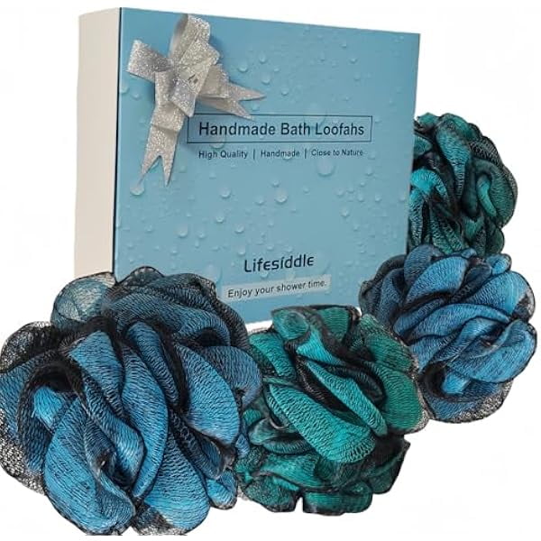 wonima11 Loofah-Bath Sponge Set-Large, 4 Pack Bath Scrubbers, Soft Mesh Blue and Green Puff-Cleansing Body Scrub for Men and Women: Skin Soothing Exfoliation Tools (Jewel Colors-Blue、Green-60g)