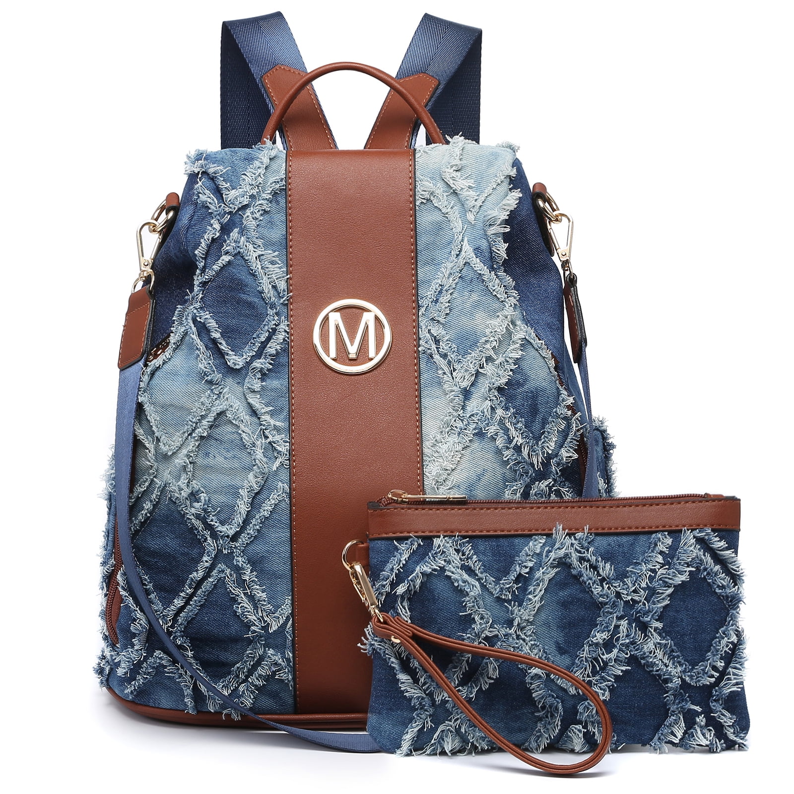 MKP Women Fashion Backpack Purse Multi Pockets Signature Anti-Theft Rucksack Travel Ladies Shoulder Bag Handbag 2pcs