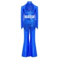 thumbnail image 4 of TSSOE Girls 2-piece Jazz Dance Outfit Shiny Sequin Tassels Latin Hip Hop Dancewear Long Sleeve Crop Top With Flared Pants Royal Blue 14, 4 of 7