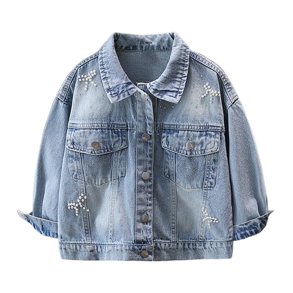 KyCheLot Girls Denim Jacket Button down Lapel Collar Long Sleeve Jean Coat Kids Casual Fashion Coats with Pockets