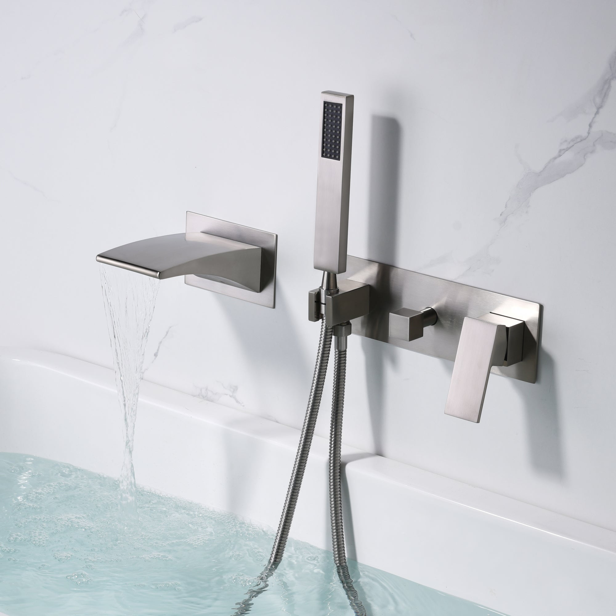 Sumerain Wall Mount Tub Filler Brushed Nickel with Waterfall Tub Spout and Handheld Shower, High Flow