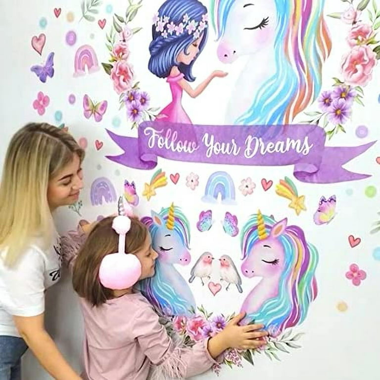 4 Sheet Large Unicorn Wall Decals for Girls Bedroom Unicorn Wall Decor Unicorn Wall Stickers Birthday Gifts Unicorn Bedroom Decor for Girls Rainbow