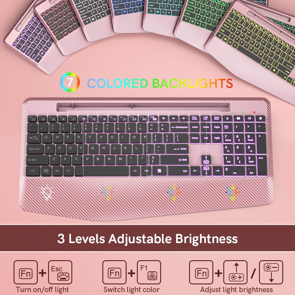 Wagpak Wireless Keyboard with 7 Colored Backlits, 102-Count and Wrist Rest (Rose gold)