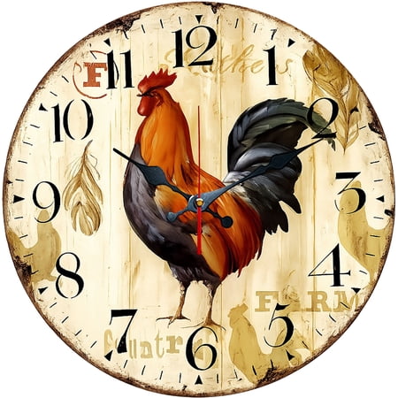 Hoease 10 Inch Silent Wall Clock, Vintage Farm Rooster Decorative Wall Clock, Battery Operated Non-Ticking Round Clock for Kitchen Living Room Farm Home Decor