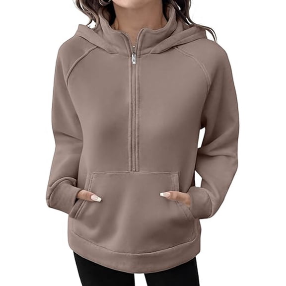 QQAMB Womens Half Zip Hoodies Long Sleeve Pullover Workout Oversized Hooded Sweatshirt Fall Winter Solid Tops with Pocket Khaki S