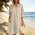 thumbnail image 4 of Women Casual V-Neck Linen Dress with Pockets, Solid 3/4 Sleeve, 4 of 5