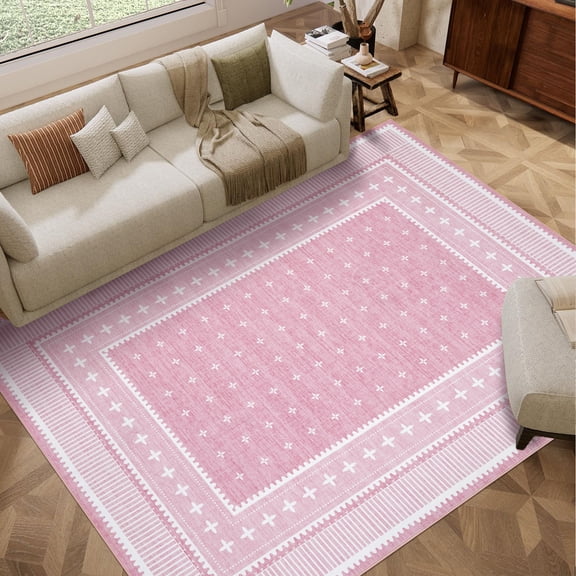 Nanan 8'x10' Modern Bordered Area Rug Geometric Carpet, Washable Stain-Resistant Non-Slip Rug for Living Room Bedroom Home Office, Pink