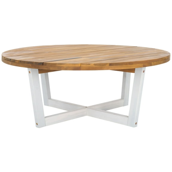SAFAVIEH Leo Outdoor Patio 4 Leg Round Coffee Table, Natural/White