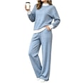 thumbnail image 3 of Plus Size Matching Sets Mock‑Layer Striped Long‑Sleeve Top and High‑Waist Wide‑Leg Pants Casual Travel Clothes, 3 of 6