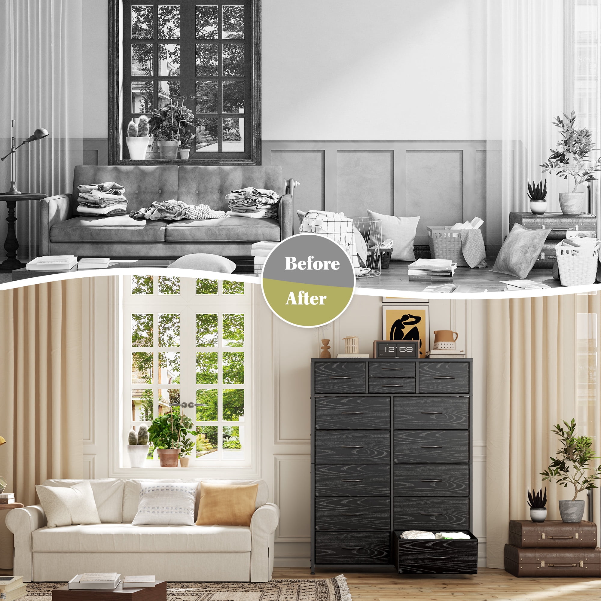 EnHomee Dressers for Bedroom with 14 Fabric Drawers Tall Dresser & Chests of Drawers Storage Tower for Living Room, Black