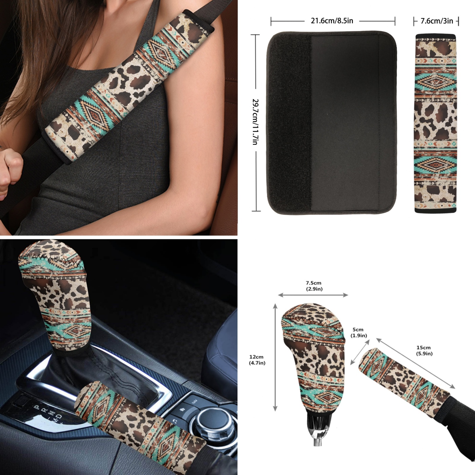 Renewold American Tribal Cow Print Retro Car Accessories Set 12 PCS, with Steering Wheel Cover Seat Belt Pad Armrest Cover Coasters Handbrake Gear Shift Cover Universal Fit for Most Vehicles