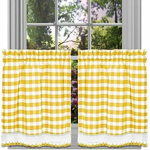 Achim Home Furnishings, Yellow & White Buffalo Check Window Curtain Tier Pair, 58" x 24"