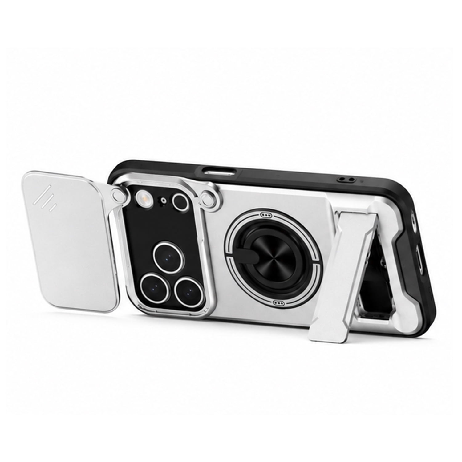 Heavy Duty MagSafe Slide Lens Protective Case with Kickstand for iPhone 17 Pro Max - Silver