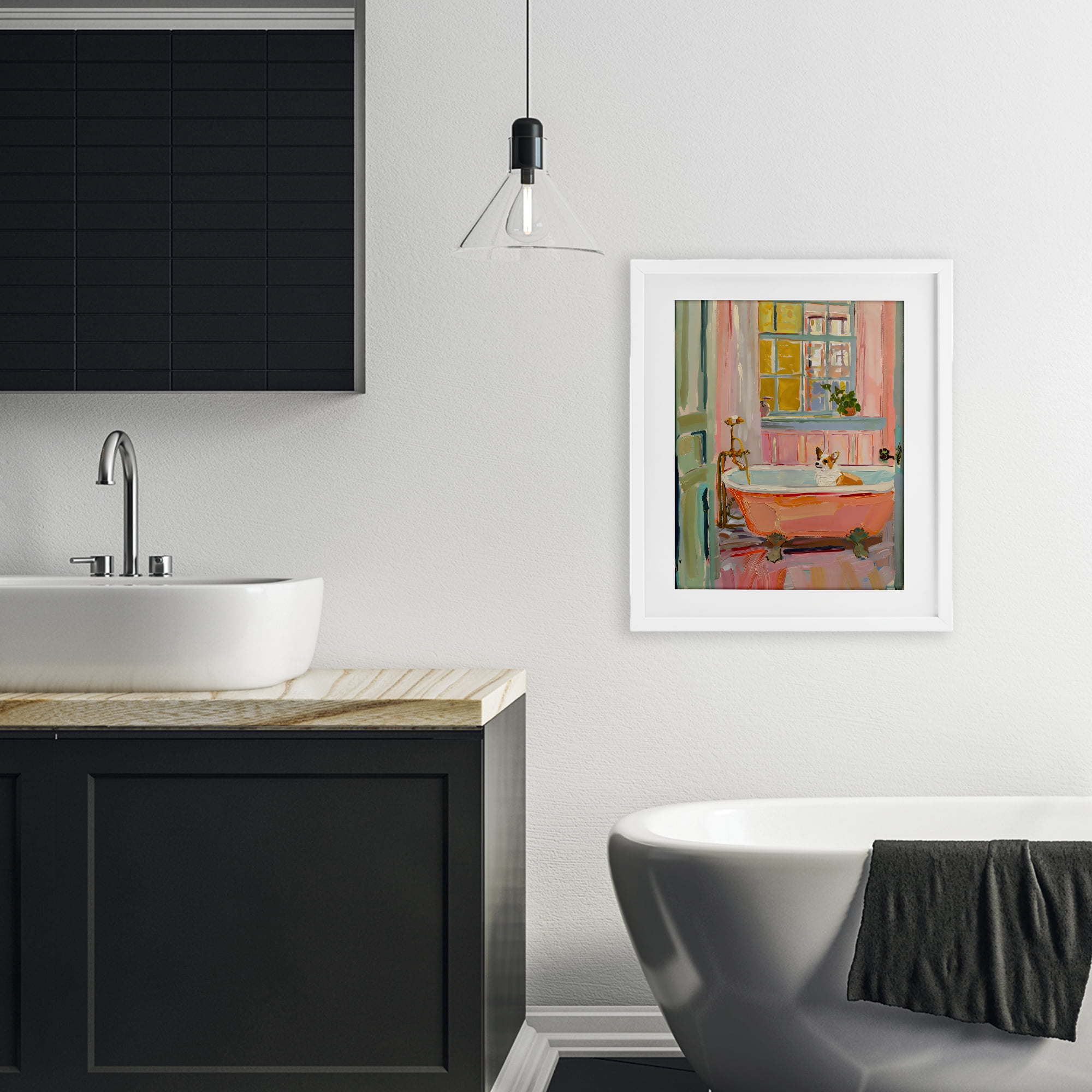 Stupell Industries Corgi in Bathtub White Framed Print Under Glass, design by The Prints Vibe