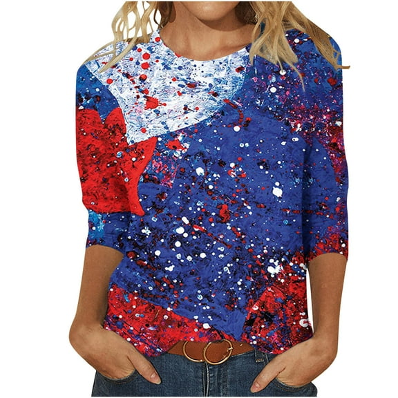IROINNID 4th of July T-Shirt For Women Fashion Retro Loose Tops Blouse Round Neck Women Tops America Independence Day