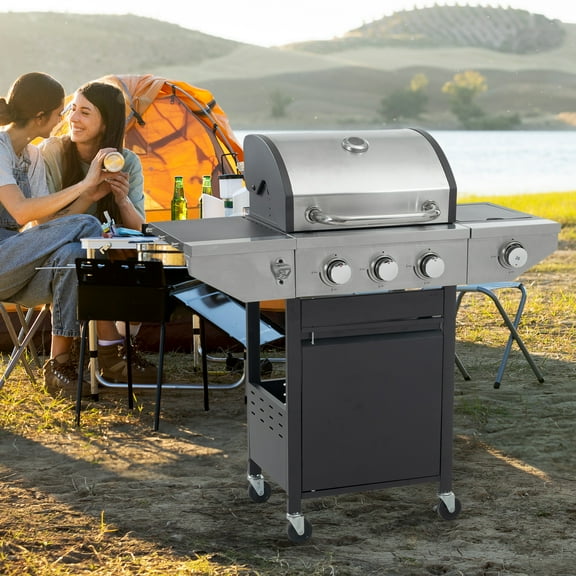 3 Burner Stainless Steel Gas Grill with Side Burner, 37,000 BTU Propane Gas Grill for Outdoor Patio Garden Barbecue, Black&Silver