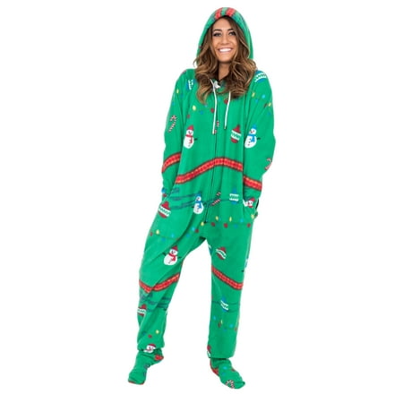 Green Christmas Pajama - Snowmen and Lights Green Christmas Pajama Union Suit with Hood