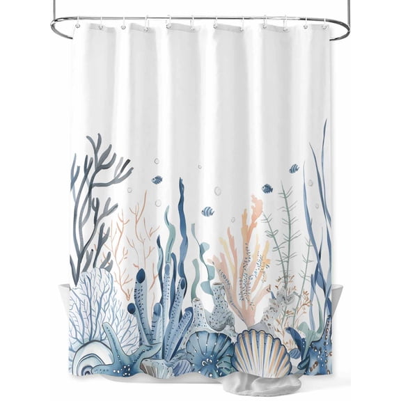 Fsddascl Summer Coastal Coral Shower Curtain Set - 72" x 78" Washable Bathtub Curtain with 12 Hooks, Blue Ocean Conch Shell Blue Waterproof Fabric Stall Shower Curtains for Bathroom/Bathtub Décor