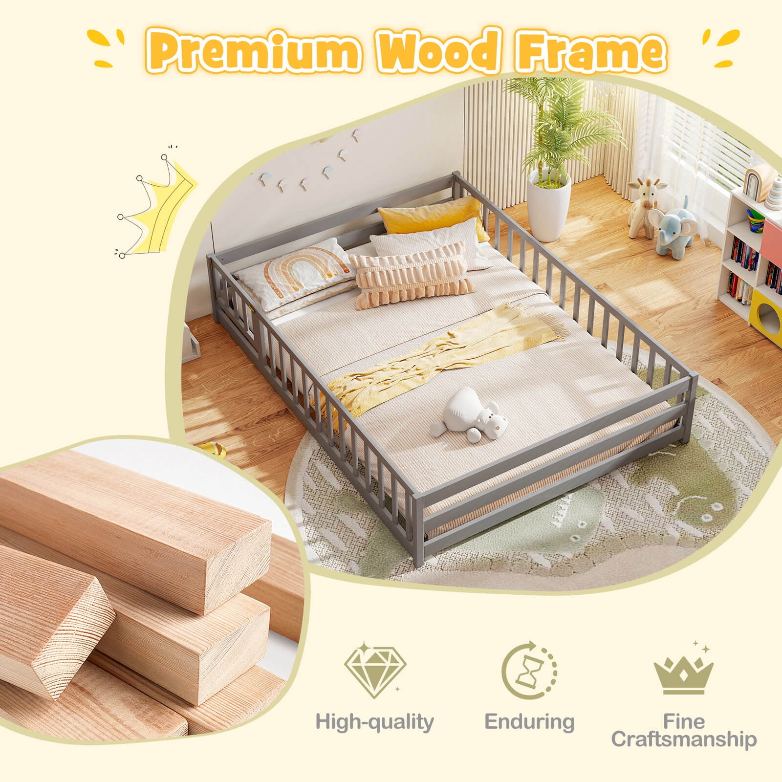 Costway Full Size Floor Bed with Full Length Safety Guardrails & Door for Boys, Girls Gray