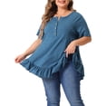 thumbnail image 1 of Camisetas de talla grande Agnes Orinda para mujeres, con cuello Henley, botones, mangas cortas y dobladillo con volantes, 3X, azul, 1 of 6