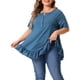 thumbnail image 1 of Camisetas de talla grande Agnes Orinda para mujeres, con cuello Henley, botones, mangas cortas y dobladillo con volantes, 3X, azul, 1 of 6