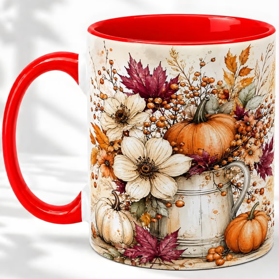 Autumn Pumpkin Floral Accent Mug, 11oz Ceramic Cup for Coffee Lovers Glossy ceramic with full-color fall artwork and comfortable handle for daily coffee or tea at home or office