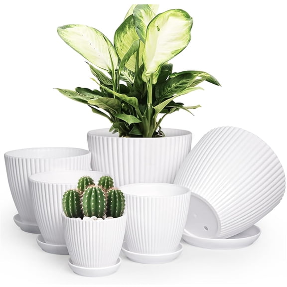 HXRH 6 Pack Indoor Plastic Planters,Plant Pots with Saucers & Drain Holes,Resin Flower Pots,Medium to Small 7.5/6.5/5.5/4.9/4.2/3.5 Inch,for All Different Types of Plants (White)