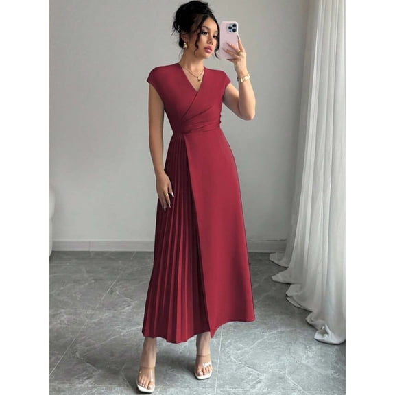 Burgundy Womens V-Neck Ruched Waist Pleated Maxi Dress With Drop Shoulder Sleeve