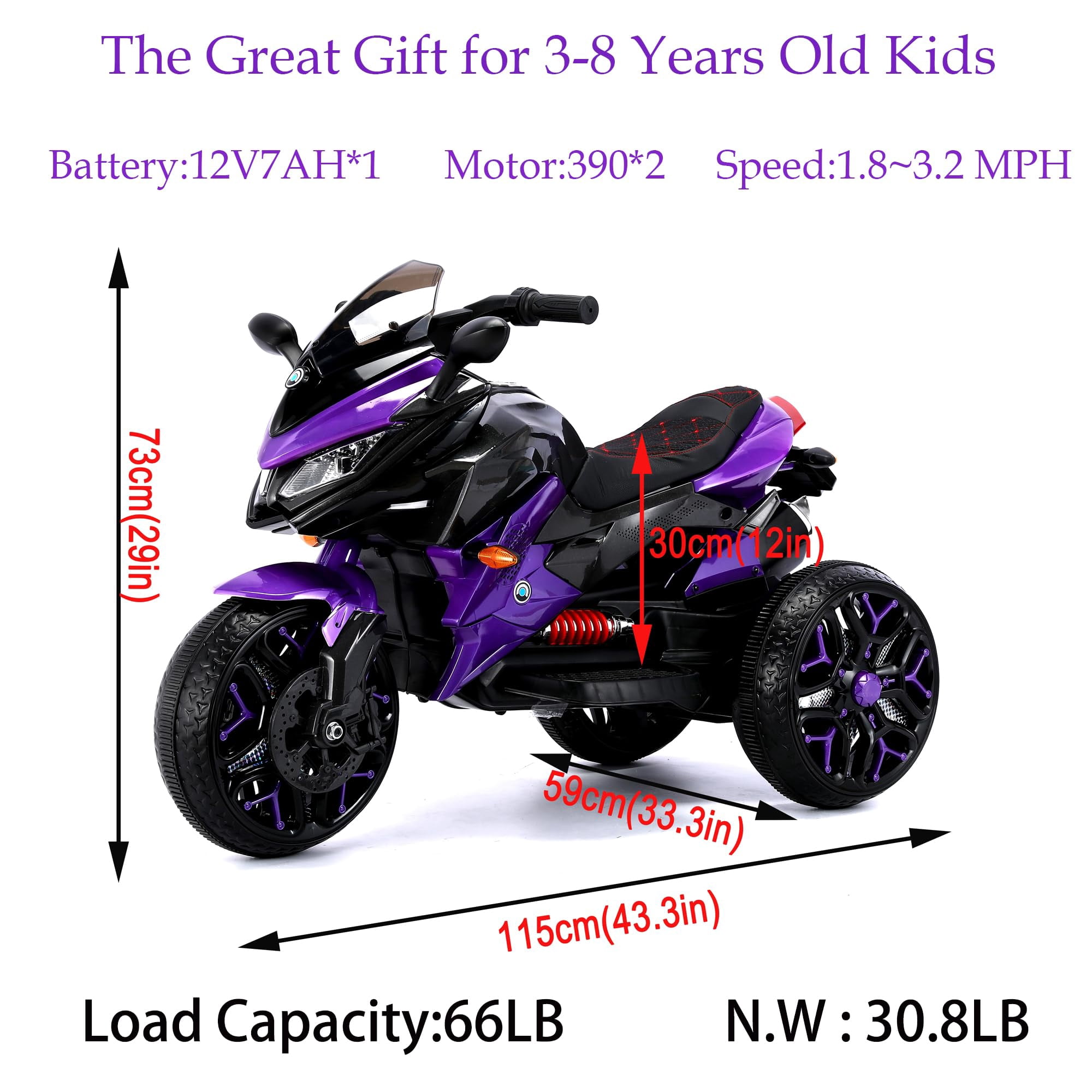 HappyToysWorldKids Electric Motorcycle 3 Wheels, Ride On Toy with App Control & Music, Light-Up Wheels for Boys Girls Ages 3-8, Battery Powered Motorbike with Safety Training Wheels