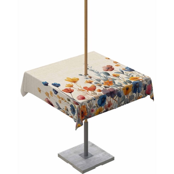 Country Floral Plant Vintage Linen Square Tablecloth with Zipper,Waterproof Table Cloth with Umbrella Hole Patio Tablecloths for Outdoor Tables,Watercolor Wildflowers Washable Spillproof Table Cover