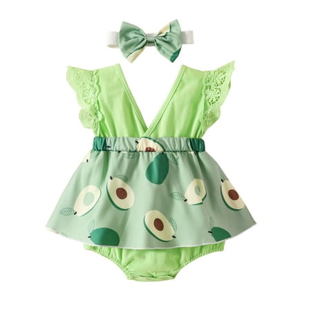 

Calsunbaby Infant Girl Flying Sleeve Romper Bow Headband Avocado Leopard Fish Scale Print Elastic Waist Summer Clothing