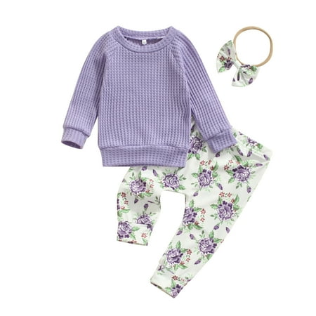 

Musuos Baby Girls Clothes Set 6 12 18 24M Solid Color Long Sleeve O-neck Tops+Floral Print Trousers+Bow-knot Headband