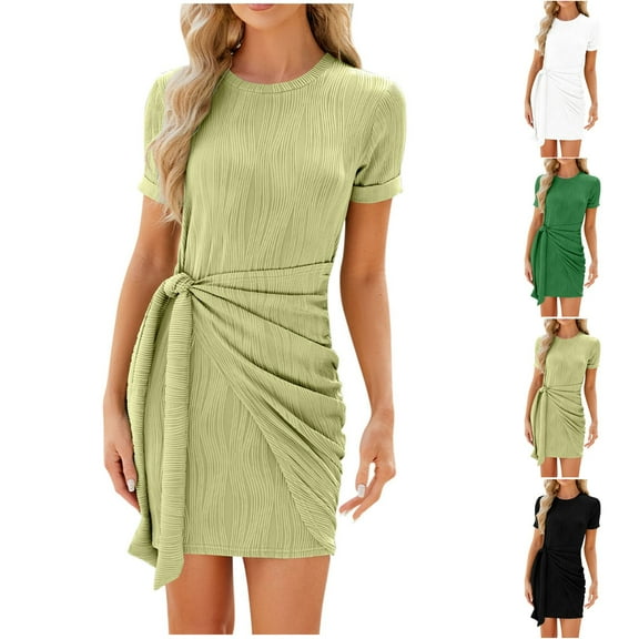 USSUMA Casual Dresses for Women Summer Dress Short Sleeve Crew Neck Casual Solid Color Lace Up Slim Loose Fit T Shirt Dress Maxi Dress Vintage Dress Breathable Skirts Work Black Dress Size-L