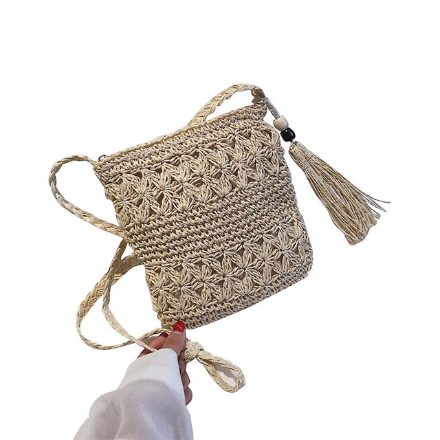 Bandolera de hombro de paja tejida para playa para mujer, con borlas, estilo bohemio, bolso cruzado de ganchillo, bolso de macramé