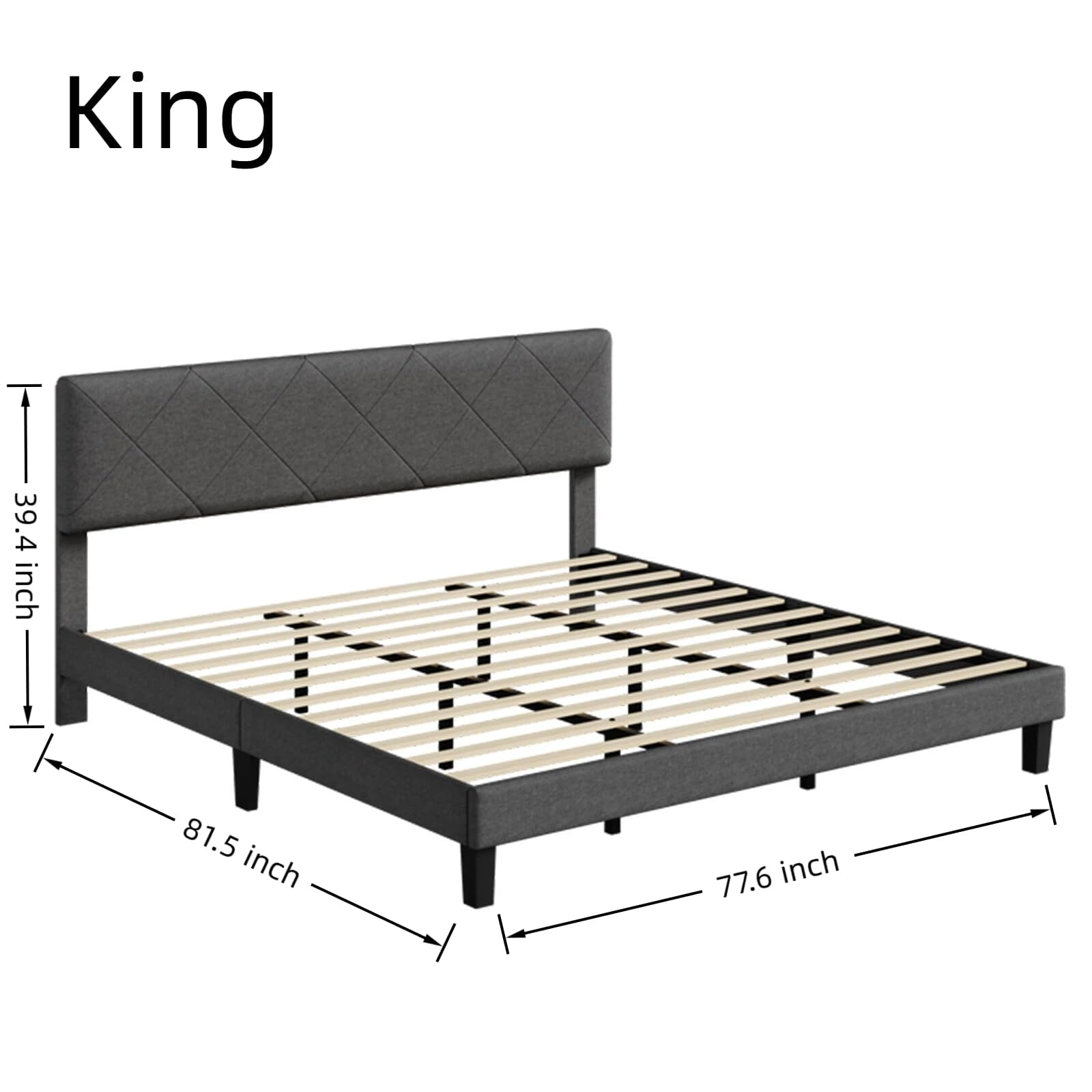 Modern Upholstered Bed Frame with High-Quilted Headboard – Gray Fabric Platform. 900lb Capacity. King size