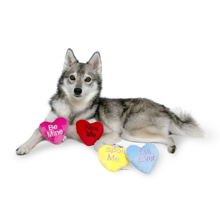 Midlee Candy Heart Valentine's Dog Toy Set - 4 Large Plush Squeaky Toys With Sayings, Dog Gift