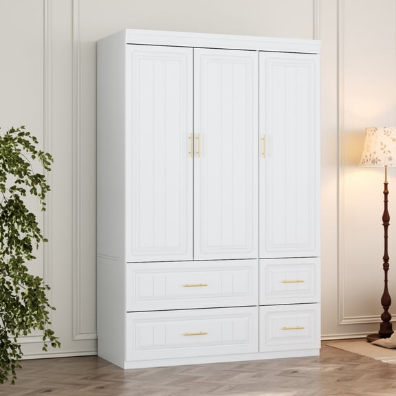 KULAGAGA White 3-Door Wardrobe Closet with Drawers & Shelves, Armoire with Hanging Rod and Gold Metal Handles for Bedroom