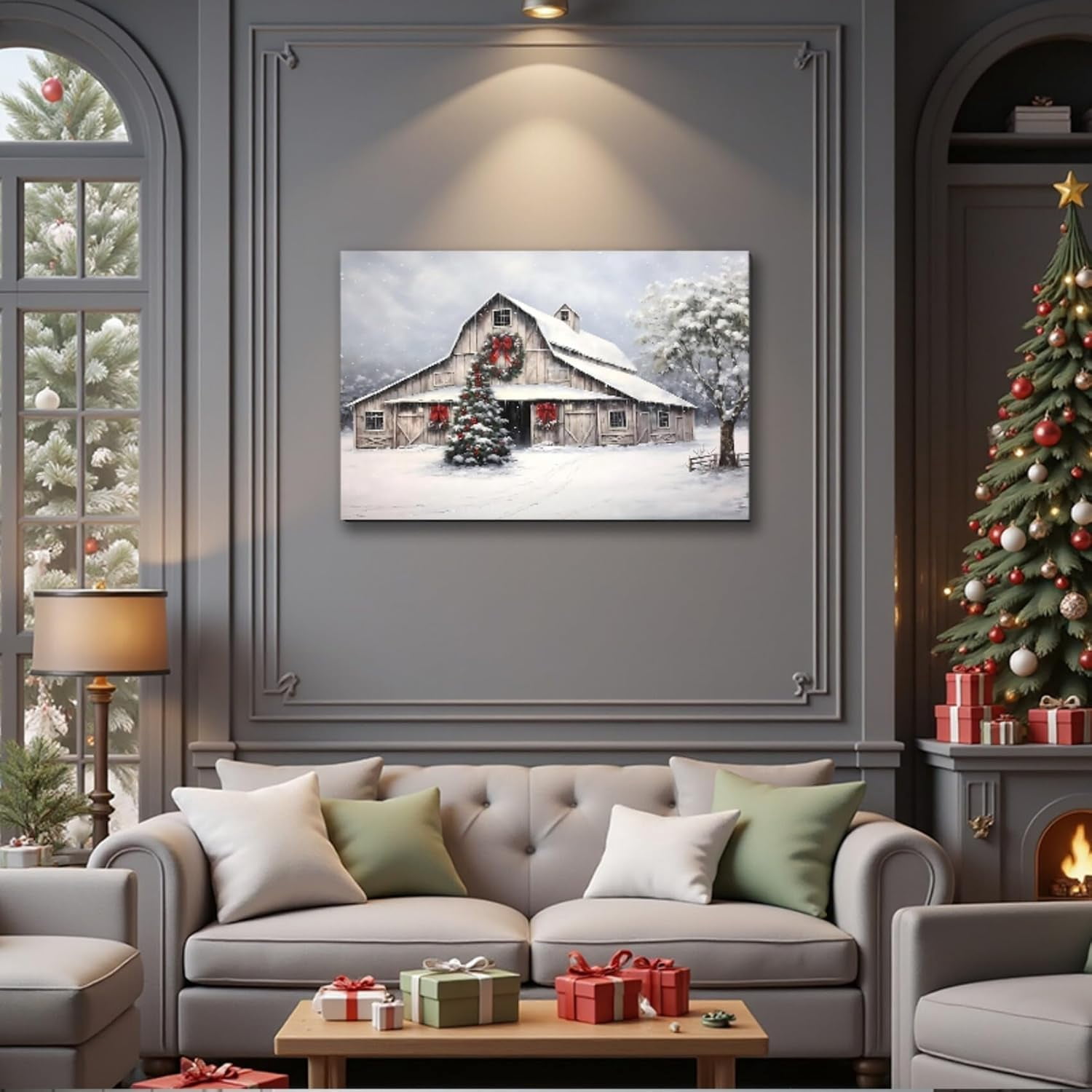 Framed Christmas Wall Art, Farmhouse Barn Pictures Wall Decor Winter snow Scene Canvas Painting Print Home Artwork Decorations for Bathroom Living Room Bedroom