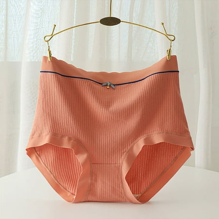 Pavied Cotton Underwear Tummy Control Underwear Women s Solid Color Stripe Mid Waist Plush Comfortable High Stretch Cotton Material Briefs Plus Size Underwear Panties for Women Orange XL