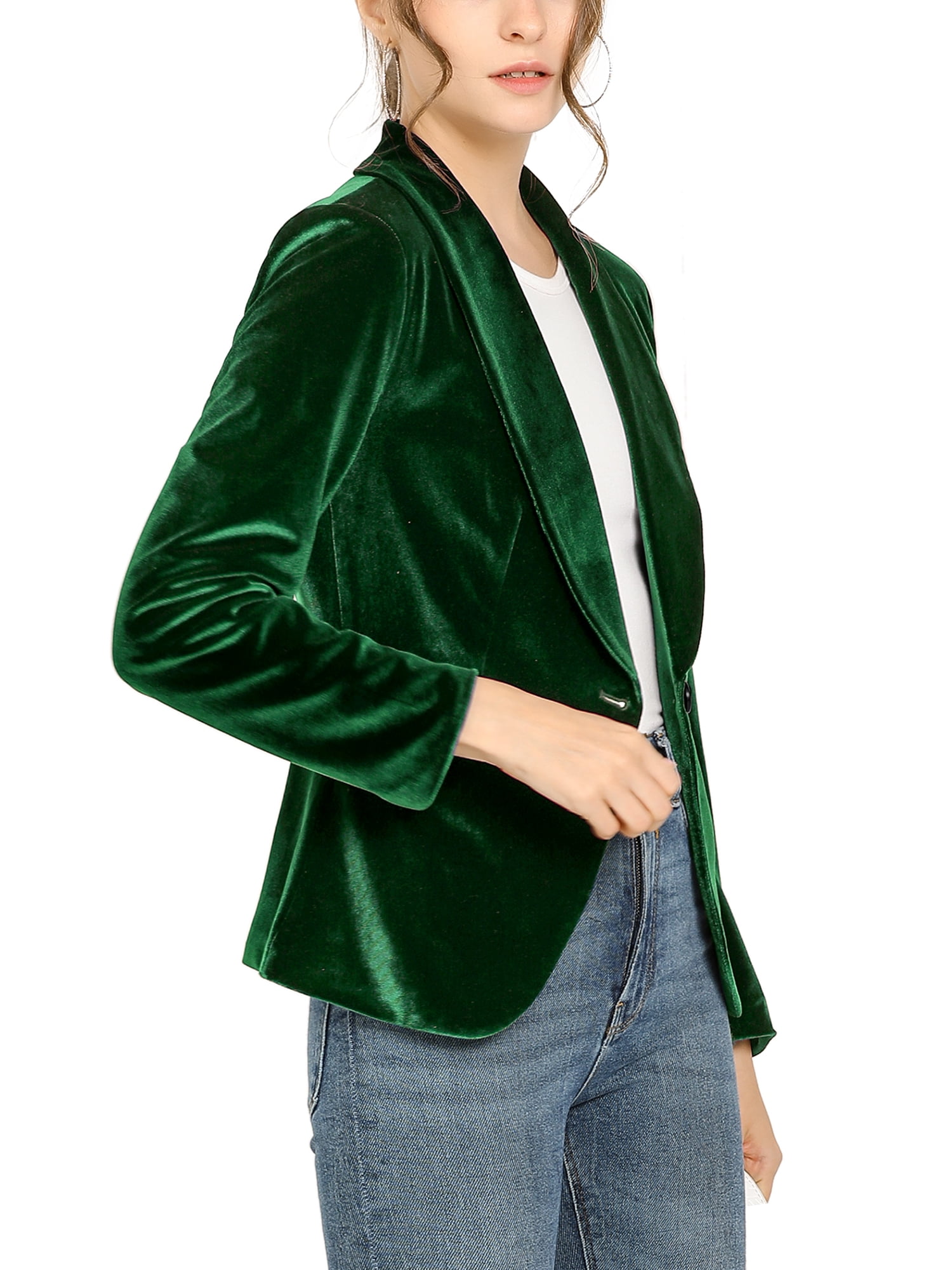 DARING DIVA Women's Velvet Office Coat Solid Shawl Collar Blazer L Green