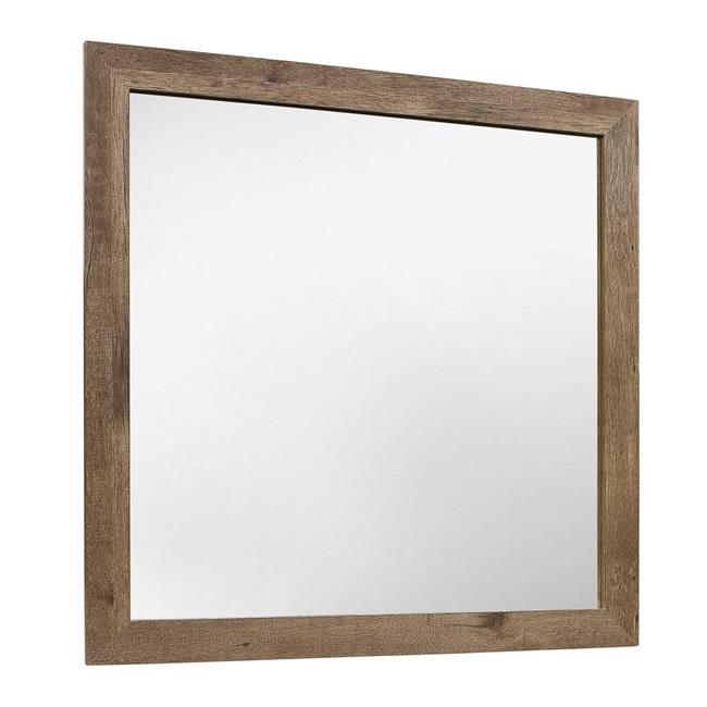 Benjara BM220083 Square Wooden Frame Mirror with Rough Hewn Saw Texture